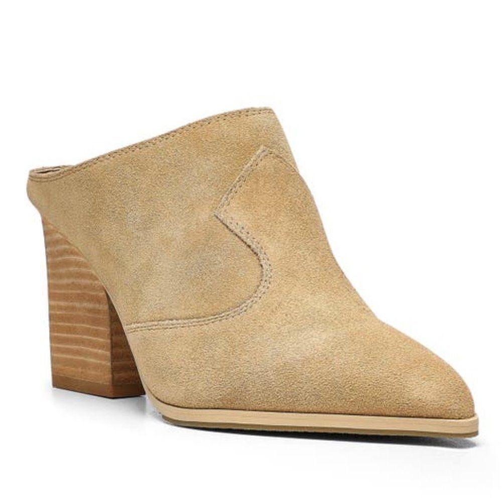 Donald Pliner Women's Vama Leather Heeled‎ Mule Sandals Pointed Toe Winter Tan